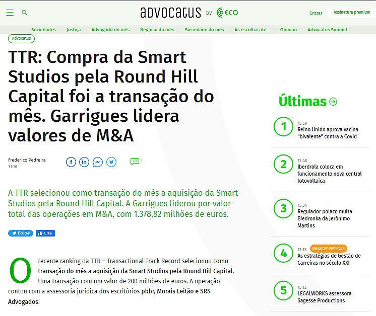 TTR: Compra da Smart Studios pela Round Hill Capital foi a transao do ms. Garrigues lidera valores de M&A